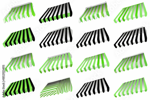 A collection of striped awnings in green and black arranged on a white background