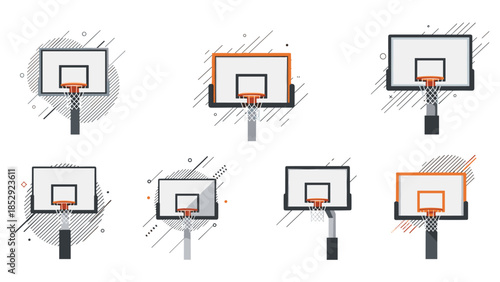 Comprehensive collection of eight distinct basketball hoops and backboards, showcasing a variety of designs and mounting configurations for different playing environments.
