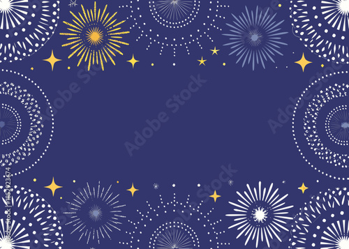 A festive dark blue background with stylized firework and sparkling star designs