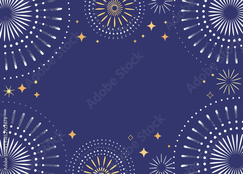 A festive navy background with golden fireworks and sparkling starburst elements
