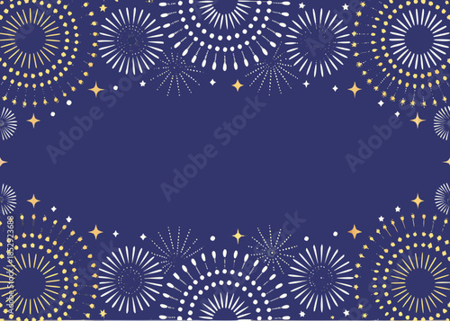 A festive dark blue background with white and gold firework illustrations