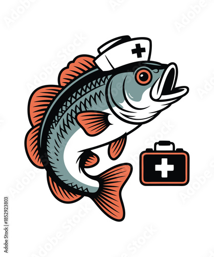 Medical fish character with nurse hat and first aid kit creative illustration vector for healthcare and fishing industry