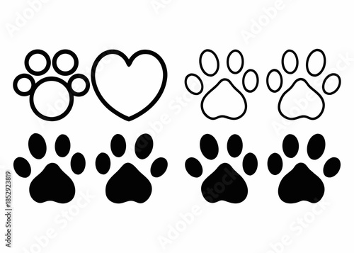 Black and white illustrations of various animal paw prints and a heart