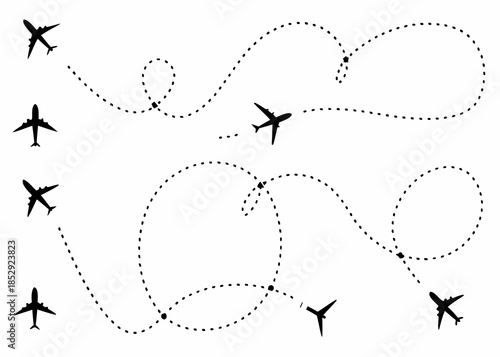 Simple illustration of airplanes and their flight paths in black and white