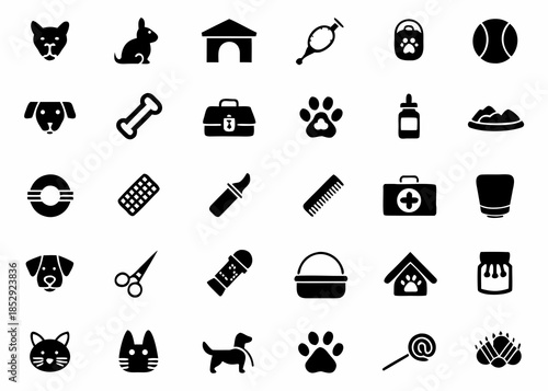A collection of simple black and white icons representing pets and pet care