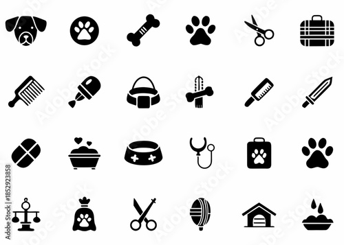 Collection of black and white icons representing pet care and accessories