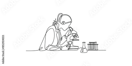 Continuous line drawing of a female researcher conducting an experiment in a laboratory isolated on transparent background