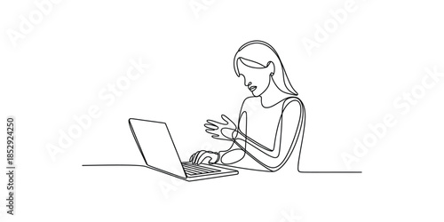 Continuous One Line Drawing of a Woman Suffering from Wrist Pain While Using a Laptop, isolated on transparent background.