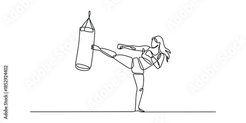 Continuous one line drawing of woman kicking a punching bag, Minimalist vector art of female boxer or kickboxer training, ideal for sports, fitness, vector illustration.