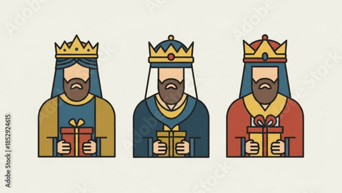 Three Wise Men icons flat vector illustration of kings holding gifts representing Christmas and nativity story isolated on light background
