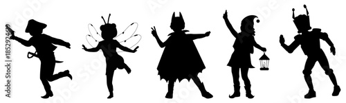 Children silhouettes in  carnival party costumes. Vector illustration	
