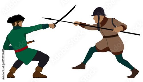 Scene of pirate and ancient warriors battle. Vector illustration