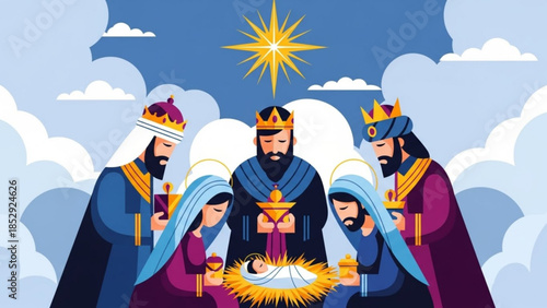 Nativity scene illustration with the Three Wise Men presenting gifts to baby Jesus a traditional Christmas story concept flat design vector art