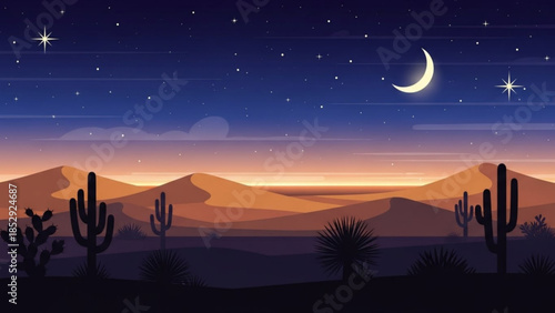Desert landscape at night with crescent moon stars and saguaro cacti flat vector illustration for travel and nature themes