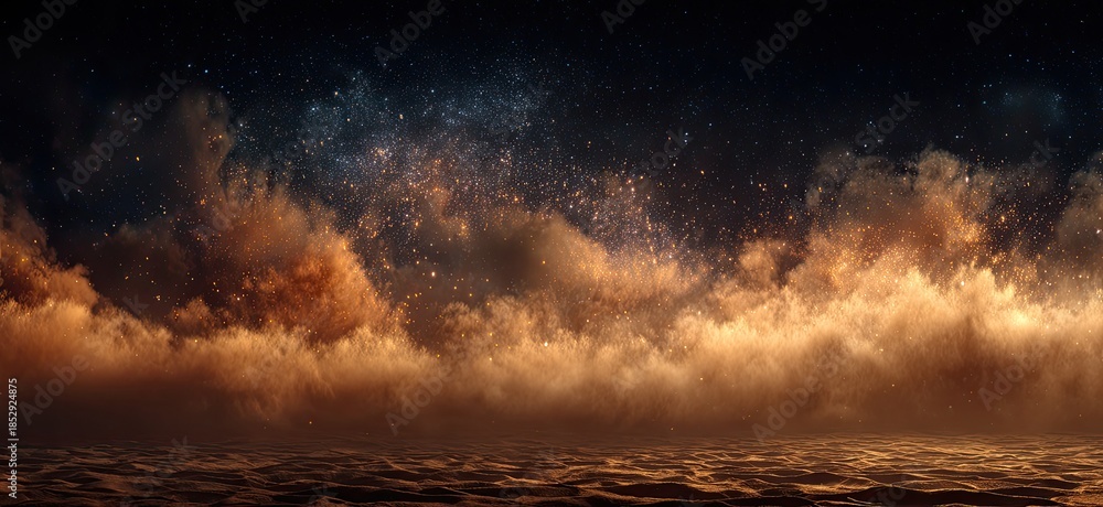 Obraz premium A panoramic landscape of clouds and a starry night sky above a watery, reflective horizon