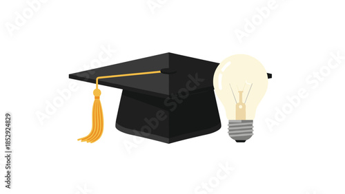 Iconic graduation cap with a golden tassel positioned beside a bright, glowing light bulb, powerfully symbolizing education, innovative ideas, and academic achievement.