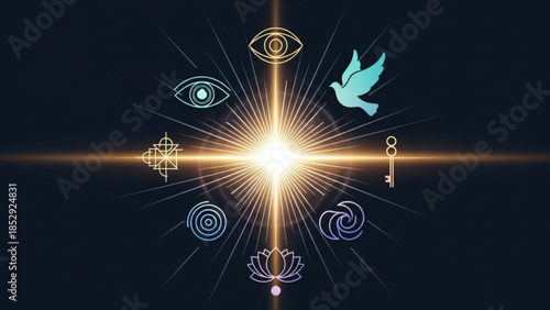 Spiritual symbols radiating from a bright light representing enlightenment knowledge and inner peace perfect for esoteric concepts and wellness themes