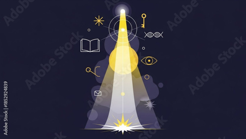 Bright spotlight illuminating various science and knowledge icons representing discovery and innovation perfect for educational or research concepts