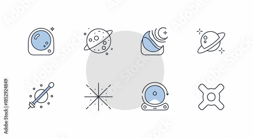 Collection of Minimalist Space and Astronomy Icons with Planets and Stars.