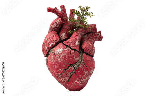 A cracked red heart with growing greenery against a black background