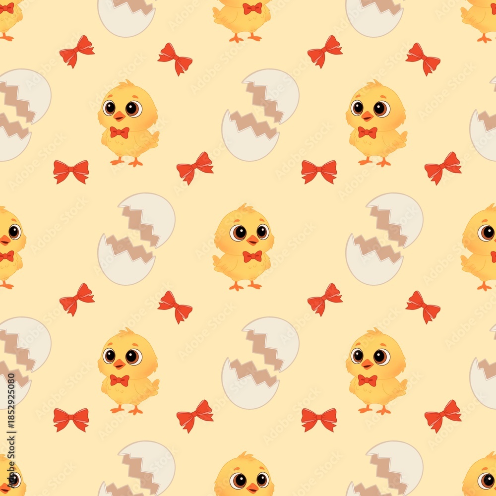 Fototapeta premium Cute yellow baby chicks seamless pattern with red bowties and cracked eggshells on cream background for Easter, spring, nursery wallpaper, and textile design.