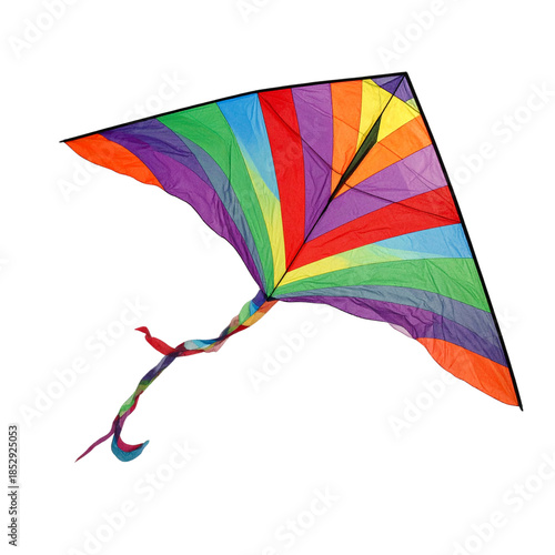  A colorful kite with a long tail spread out on transparent background