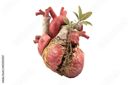Anatomical heart, partially deteriorated, with plant life sprouting from inside