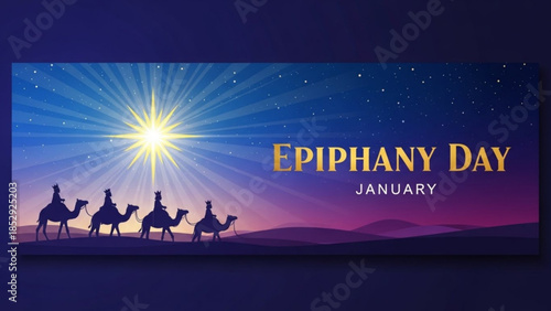 Three Wise Men on camels journeying towards a bright star on Epiphany Day a religious concept for Christmas and the holidays vector illustration