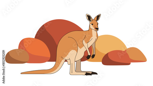 Majestic kangaroo stands tall and proud in front of a natural backdrop of large, vibrantly colored rocks, showcasing Australian wildlife in its element.