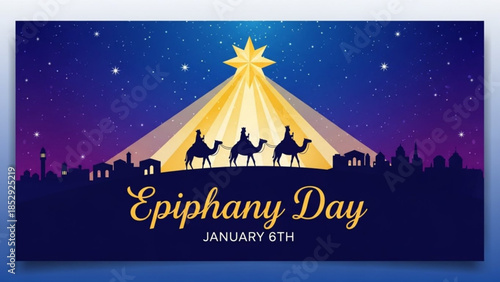 Three Wise Men on camels following the Star of Bethlehem Epiphany Day illustration religious concept for Christmas and New Year celebrations