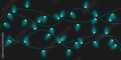 Glowing teal string lights on a dark background, creating a festive and decorative atmosphere.