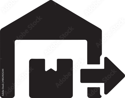 Warehouse block with outgoing arrow gate, shipping hub and logistics icon silhouette, EPS