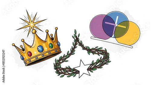 Golden crown with jewels laurel wreath with star and overlapping colored circles representing royalty victory and concepts isolated on white
