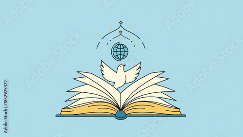 Open book with dove and globe symbolizing knowledge peace and global connection minimalist vector illustration for education and spirituality