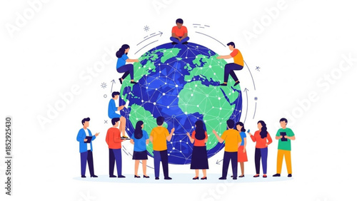 Diverse group of people connected around a stylized globe representing global community and teamwork flat vector illustration for concepts
