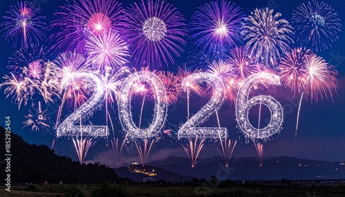 Silvester 2026 – Panorama mit violettem Feuerwerk am Nachthimmel