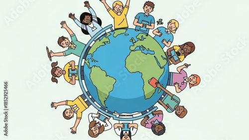 Diverse group of happy children surrounding the planet Earth symbolizing global unity and friendship illustration for educational and social concepts