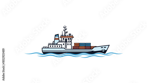 Small cargo ship gracefully sails on blue ocean waves, carrying multiple shipping containers, symbolizing global trade and efficient maritime logistics.