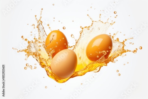 Three fresh eggs splashing in orange liquid creating dynamic splashes on a clean white background © nsit0108
