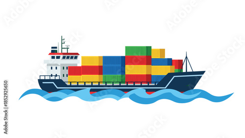 Large cargo ship robustly sails on blue ocean waves, carrying numerous brightly colored shipping containers, symbolizing extensive global trade and efficient maritime logistics.
