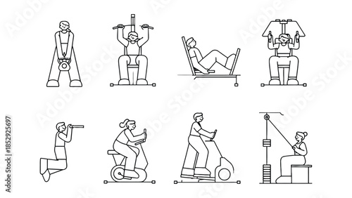 Illustrations of people exercising with gym equipment.
