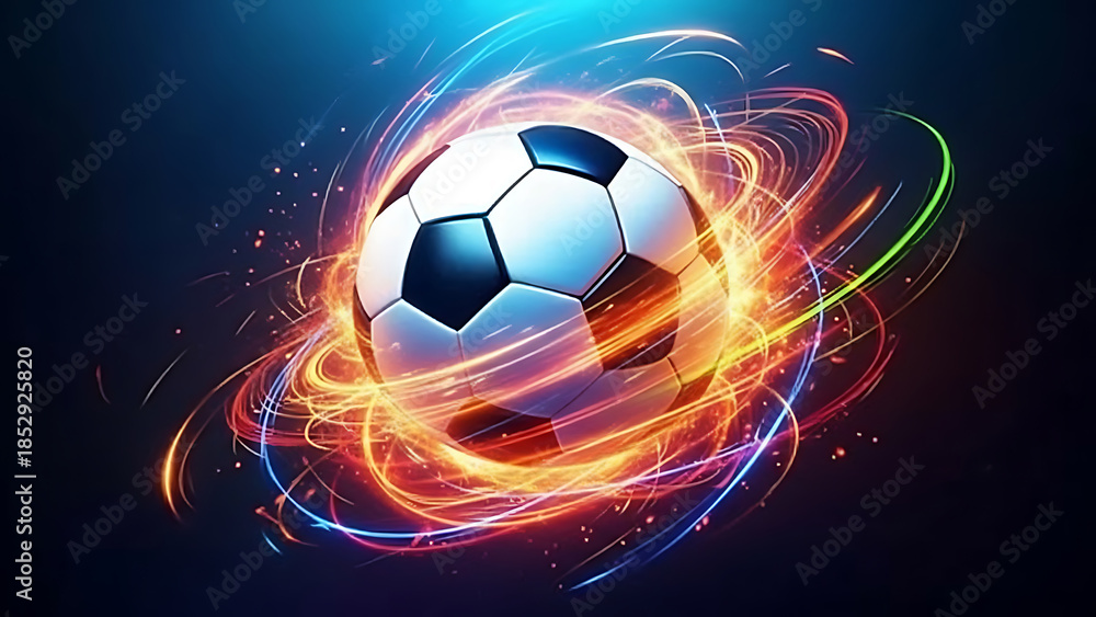 Naklejka premium Dynamic Glowing Soccer Ball with Neon Light Rings on Beautiful Background