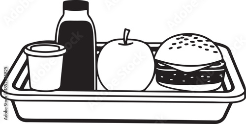 School lunch tray with hamburger apple milk juice and yogurt on transparent background
