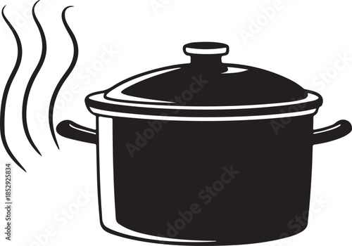 Black cooking pot with steam on transparent background simple icon