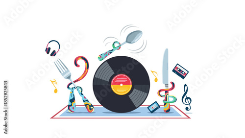 Music-themed dinner setting with a vinyl record plate, creative musical note utensils, headphones, and festive confetti, for a unique party.