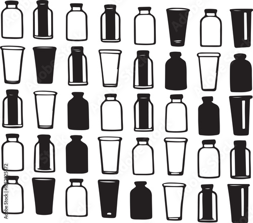 Milk bottles and glasses set transparent background in different shapes and forms