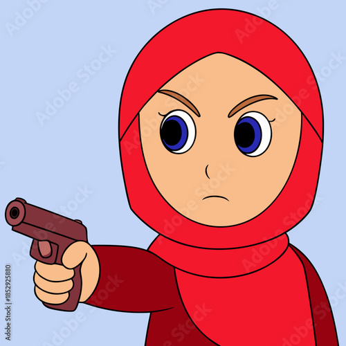 Muslim Woman wer hijab pointing gun wearing red hijab looking serious.