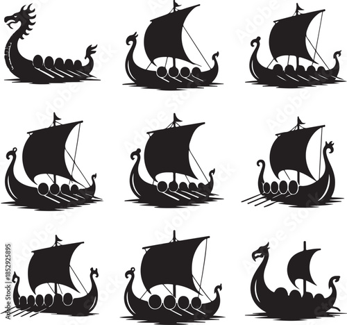 Nine detailed viking longship silhouette illustrations with dragon heads