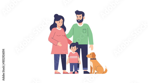 Happy pregnant family with child and dog illustration.
