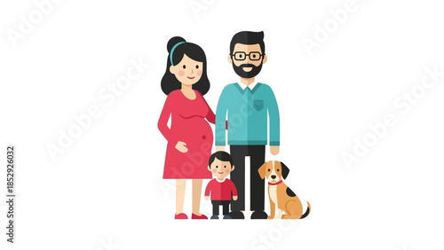 Happy family with pregnant mother, father, child, and dog.